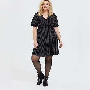 Torrid Black Metallic Stripe Wrap Dress